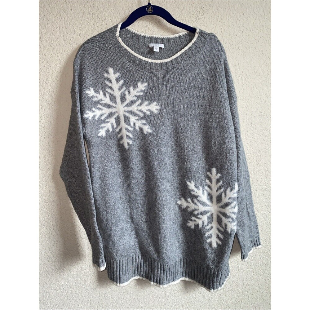 J Jill Sweater Knit Snowflake Winter Holiday Cozy Cabin Mountains Gray oversize
